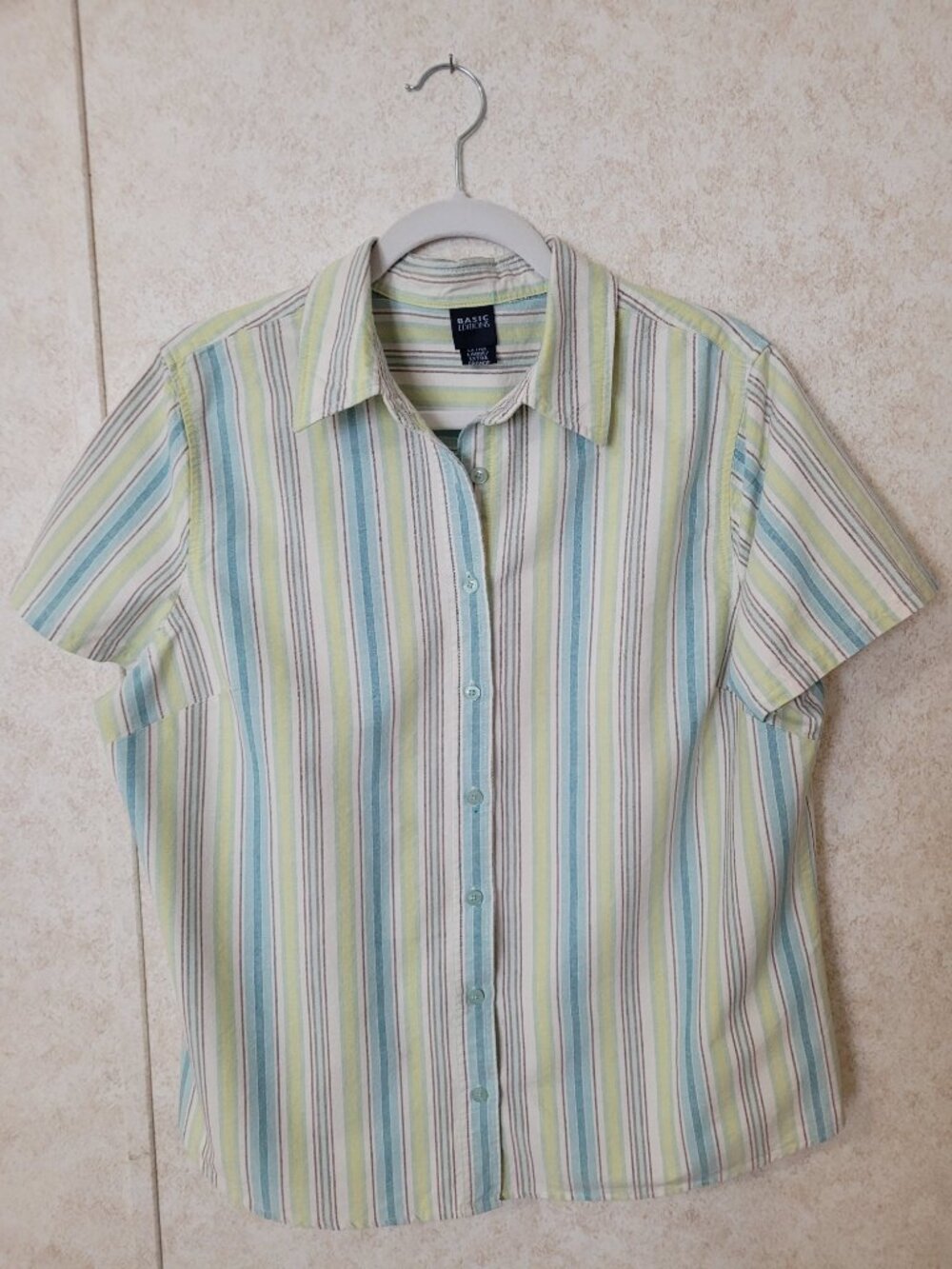 Multi Color Striped Short Sleeve Button Shirt Basic Editions Womens  Size L